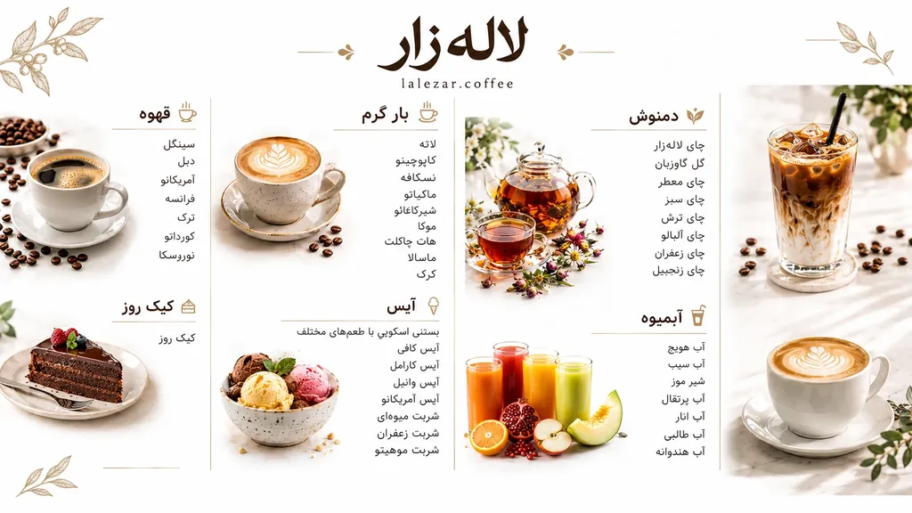 منوی کافه لاله‌زار در گوراب زرمیخ: قهوه، بار گرم، آیس، دمنوش، آبمیوه و کیک روز